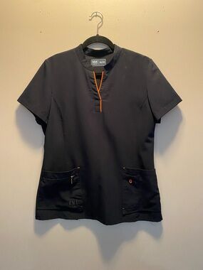 Helly Hansen Black Short Sleeve Medical Scrub Top with Orange Accents